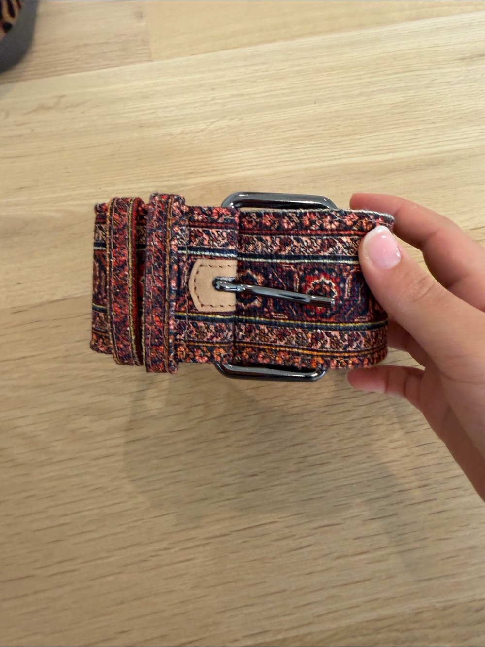 Patterned Woven Women’s Belt in Red and Brown with Metal Buckle